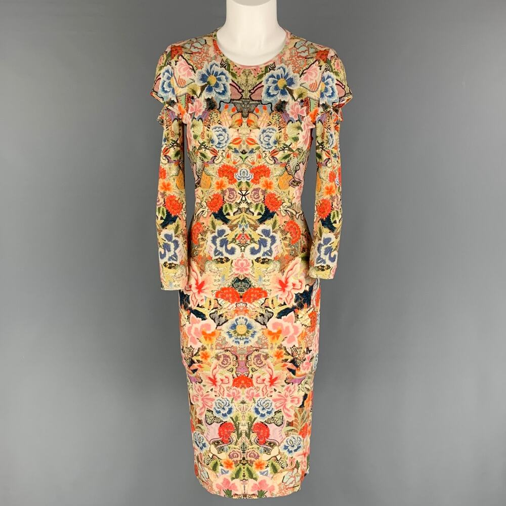 ALEXANDER MCQUEEN 4 Multi-Color Abstract Floral Rayon Blend Long Sleeve Dress